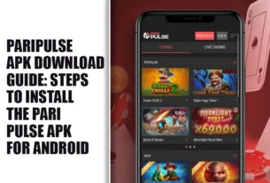 Banner-style image for an article about PariPulse APK download; bold left text and a phone screen showing the PariPulse app with casino games on the right.