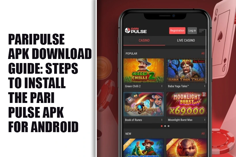 Banner-style image for an article about PariPulse APK download; bold left text and a phone screen showing the PariPulse app with casino games on the right.