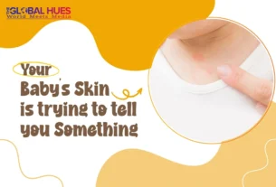 Graphic banner about baby skin health with a close-up of a child’s neck showing a red rash inside a circular frame and bold text: 'Your Baby's Skin is trying to tell you Something' on an orange and white abstract background