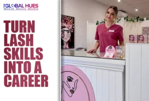 Banner promoting lash skills as a career beside a beauty clinic reception with a smiling staff member in pink scrubs.