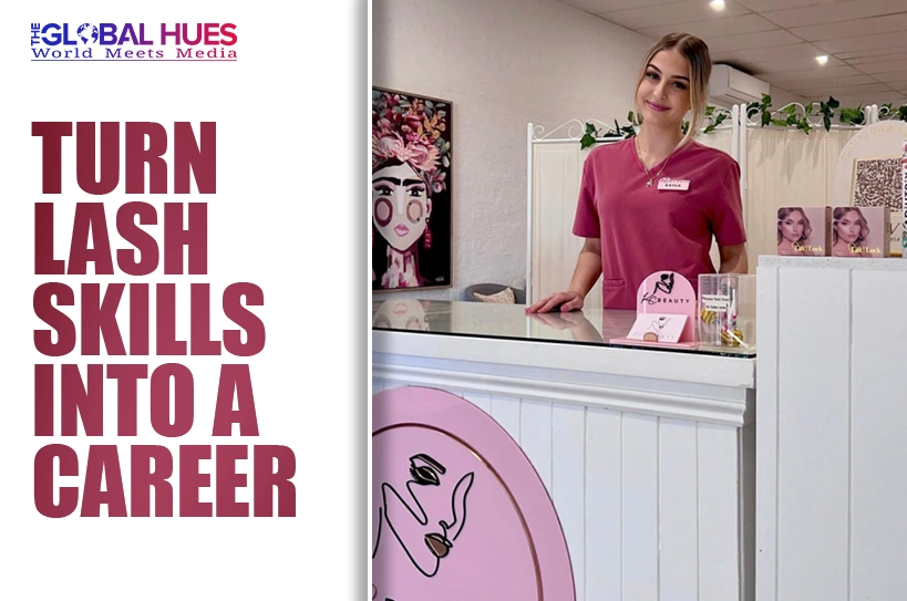 Banner promoting lash skills as a career beside a beauty clinic reception with a smiling staff member in pink scrubs.