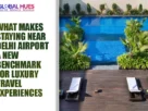 Split layout: bold article headline on the left with The Global Hues logo; right side shows a wooden pool deck with lounge chairs, palms, and a blue-tiled pool.