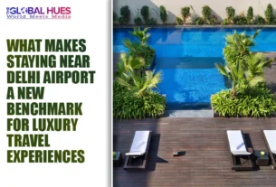 Split layout: bold article headline on the left with The Global Hues logo; right side shows a wooden pool deck with lounge chairs, palms, and a blue-tiled pool.