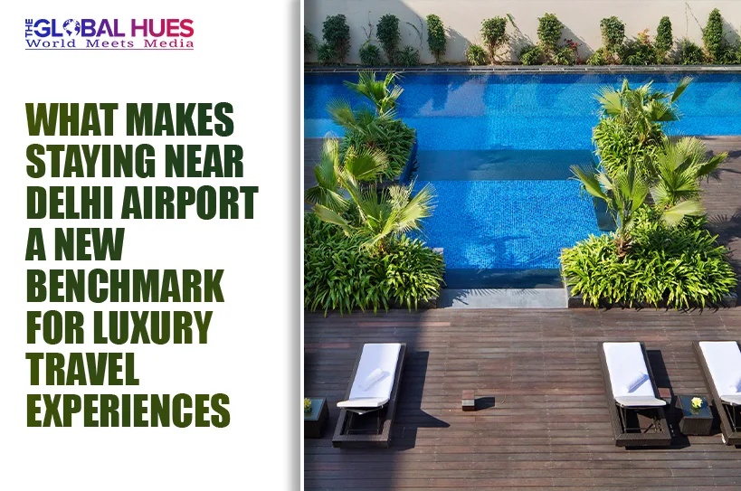 Split layout: bold article headline on the left with The Global Hues logo; right side shows a wooden pool deck with lounge chairs, palms, and a blue-tiled pool.