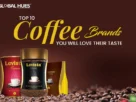 Banner advertising 'Top 10 Coffee Brands You Will Love Their Taste' with three Levista coffee packets (Premium, Classic, Strong) and coffee beans on a dark brown background.