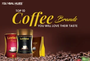 Banner advertising 'Top 10 Coffee Brands You Will Love Their Taste' with three Levista coffee packets (Premium, Classic, Strong) and coffee beans on a dark brown background.