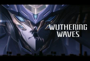 Promo banner for the game Wuthering Waves showing a large metallic mech head looming over a silhouetted figure mid-air, with the game title 'Wuthering Waves' on the right.