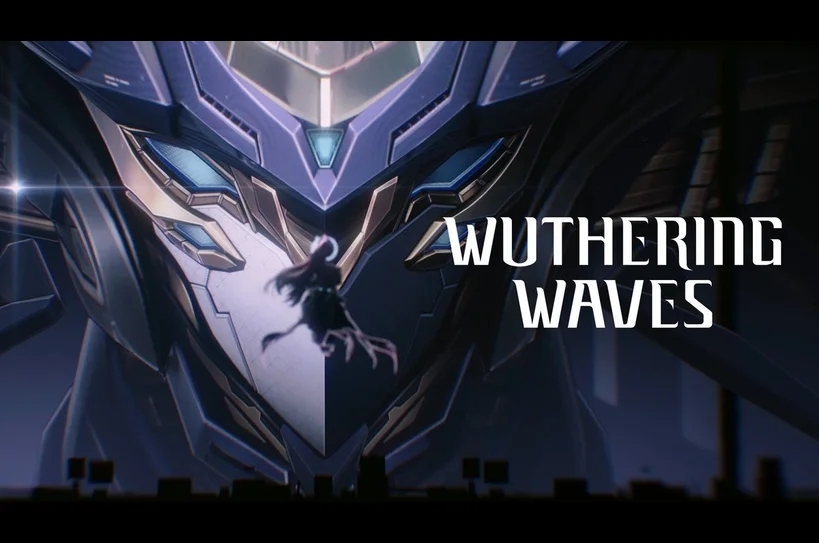 Promo banner for the game Wuthering Waves showing a large metallic mech head looming over a silhouetted figure mid-air, with the game title 'Wuthering Waves' on the right.