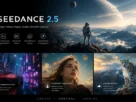 Seedence 2.5 promotional banner: astronaut on a rocky mountaintop under a planet, with three feature panels below (cinematic quality, consistent characters, dynamic worlds).