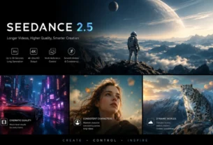 Seedence 2.5 promotional banner: astronaut on a rocky mountaintop under a planet, with three feature panels below (cinematic quality, consistent characters, dynamic worlds).