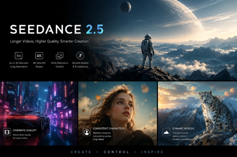 Seedence 2.5 promotional banner: astronaut on a rocky mountaintop under a planet, with three feature panels below (cinematic quality, consistent characters, dynamic worlds).