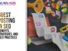 Banner about SEO guest posting: benefits, strategies, and best practices with the Global Hues logo and a colorful illustration of articles and social icons on a laptop backdrop.