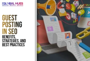 Banner about SEO guest posting: benefits, strategies, and best practices with the Global Hues logo and a colorful illustration of articles and social icons on a laptop backdrop.