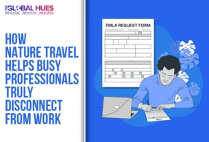 Two-panel graphic: the left side shows the title 'How Nature Travel Helps Busy Professionals Truly Disconnect From Work' and the right side shows a man at a desk filling out an FMLA request form beside a laptop.