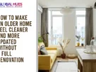 Bright living room with a yellow sofa, plants, and large windows; article title: How to make an older home feel cleaner and more updated without a full renovation.
