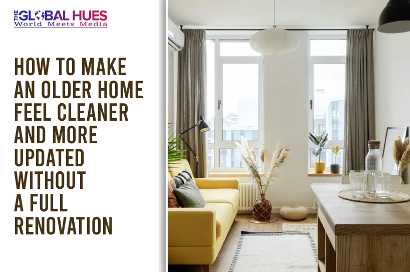 Bright living room with a yellow sofa, plants, and large windows; article title: How to make an older home feel cleaner and more updated without a full renovation.