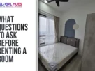 Left: headline 'What questions to ask before renting a room' with The Global Hues logo; Right: small modern bedroom with bed, window with sheer curtains, blue arch wall accent, round wall lamp, and wardrobe.