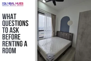 Left: headline 'What questions to ask before renting a room' with The Global Hues logo; Right: small modern bedroom with bed, window with sheer curtains, blue arch wall accent, round wall lamp, and wardrobe.