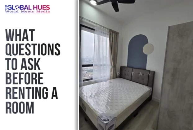 Left: headline 'What questions to ask before renting a room' with The Global Hues logo; Right: small modern bedroom with bed, window with sheer curtains, blue arch wall accent, round wall lamp, and wardrobe.