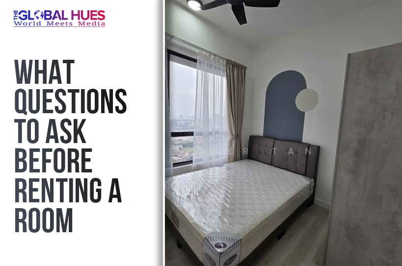 Left: headline 'What questions to ask before renting a room' with The Global Hues logo; Right: small modern bedroom with bed, window with sheer curtains, blue arch wall accent, round wall lamp, and wardrobe.