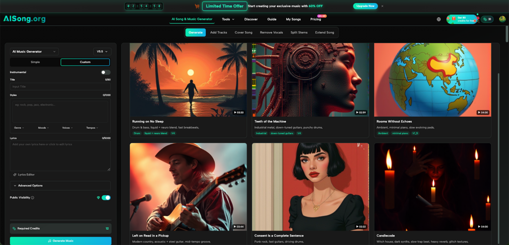 Screenshot of AI Music Generator dashboard with six track thumbnails arranged in a grid and a left settings panel, featuring images like a sunset, globe, guitar, portrait, and candles.