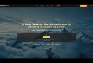 PicEditor AI homepage hero with mountain background, headline about AI photo generation, and a central Upload Image box.