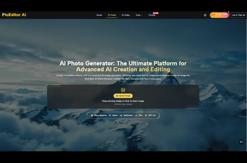 PicEditor AI homepage hero with mountain background, headline about AI photo generation, and a central Upload Image box.