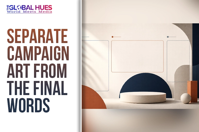 Bold headline 'SEPARATE CAMPAIGN ART FROM THE FINAL WORDS' with The Global Hues logo; abstract geometric stage on the right.