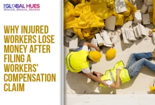 Split-image: left panel shows the headline 'Why injured workers lose money after filing a workers' compensation claim'; right panel shows two construction workers in yellow safety gear on a debris-filled site.