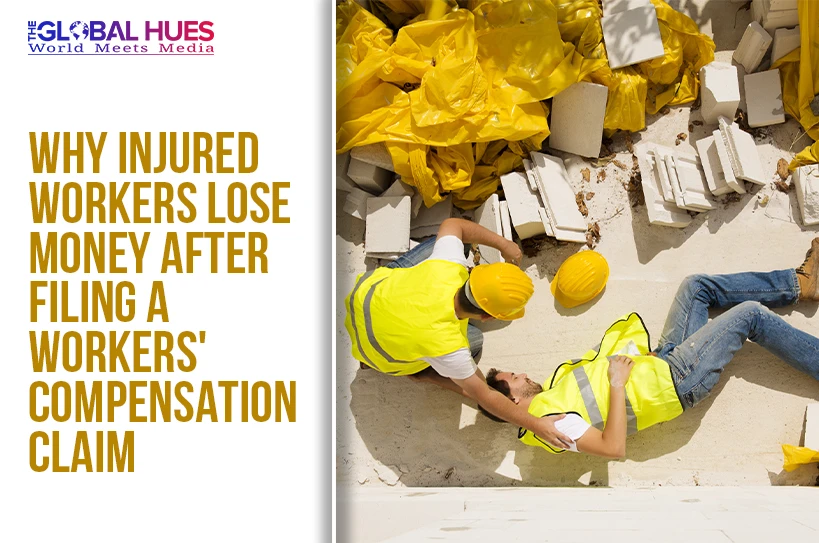 Split-image: left panel shows the headline 'Why injured workers lose money after filing a workers' compensation claim'; right panel shows two construction workers in yellow safety gear on a debris-filled site.