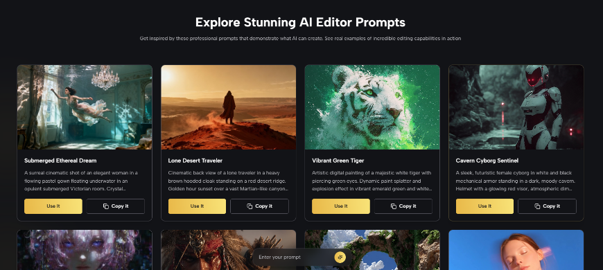 image1 | The Global Hues Gallery of AI editor prompts titled 'Explore Stunning AI Editor Prompts' with six preview cards showing fantasy, desert, tiger, and sci‑fi scenes.