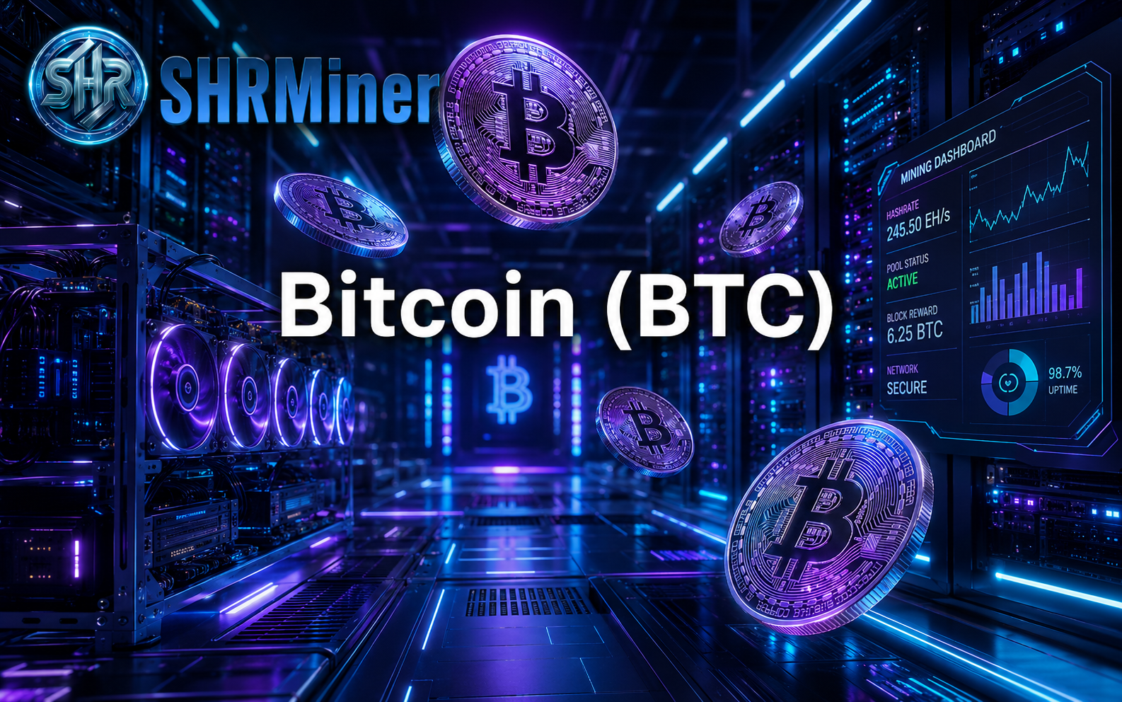High-tech Bitcoin mining data center with glowing servers, cooling fans, and floating BTC coins around a mining dashboard showing stats