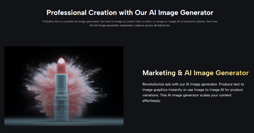 image3 | The Global Hues Hero banner showing a lipstick with pink powder burst on the left; on the right, bold heading 'Marketing & AI Image Generator' with a short description about revolutionizing ads using AI image generator.