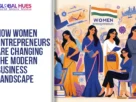 Cover page about women entrepreneurs; left side shows the title, right side illustration of diverse women with a 'Women Entrepreneurs' banner and Indian flag colors.