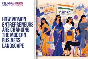 Cover page about women entrepreneurs; left side shows the title, right side illustration of diverse women with a 'Women Entrepreneurs' banner and Indian flag colors.