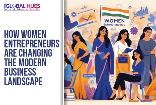 Cover page about women entrepreneurs; left side shows the title, right side illustration of diverse women with a 'Women Entrepreneurs' banner and Indian flag colors.