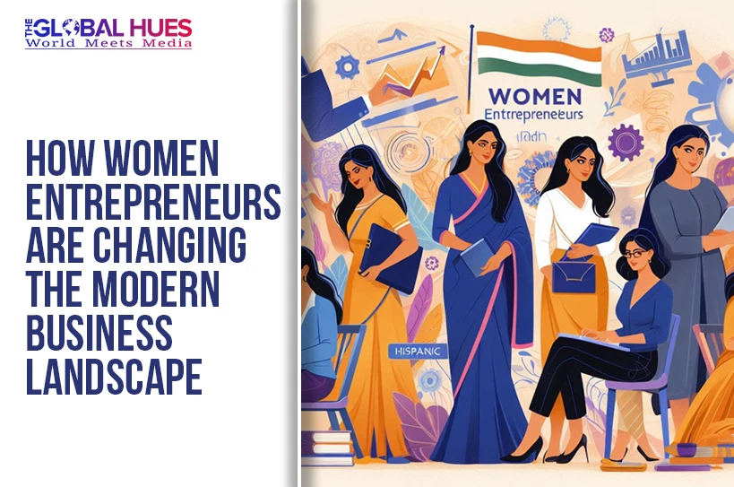Cover page about women entrepreneurs; left side shows the title, right side illustration of diverse women with a 'Women Entrepreneurs' banner and Indian flag colors.