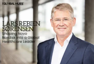 Portrait of Lars Rebiën Sørensen in a navy suit, with the headline 'Shaping Novo Nordisk into a Global Healthcare Leader' on the left.